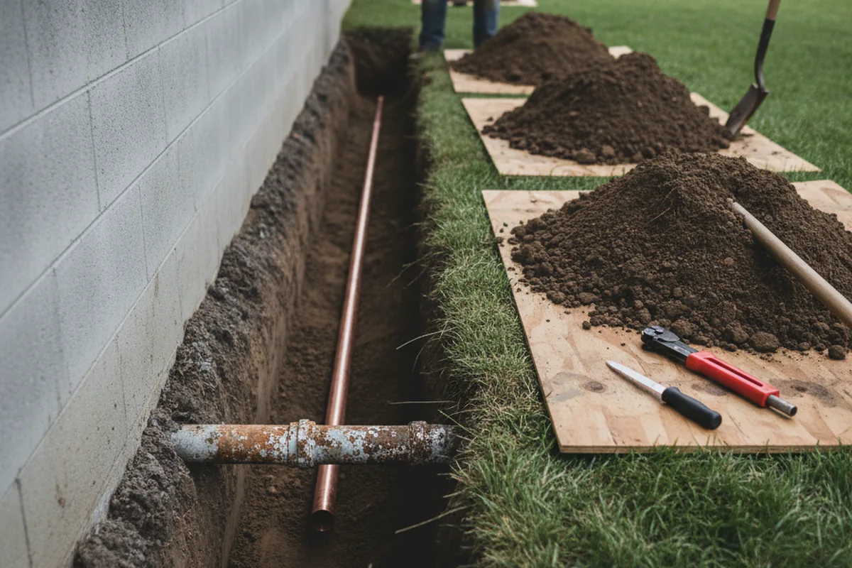 Excavated water line trench during Water Heater Repair in Gibson City